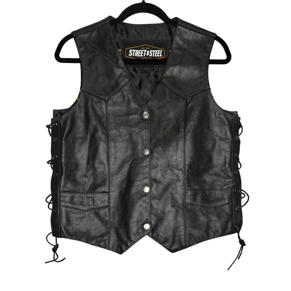 Street & Steel Mens Black Leather Motorcycle Vest Side Lace Snap Front Size L